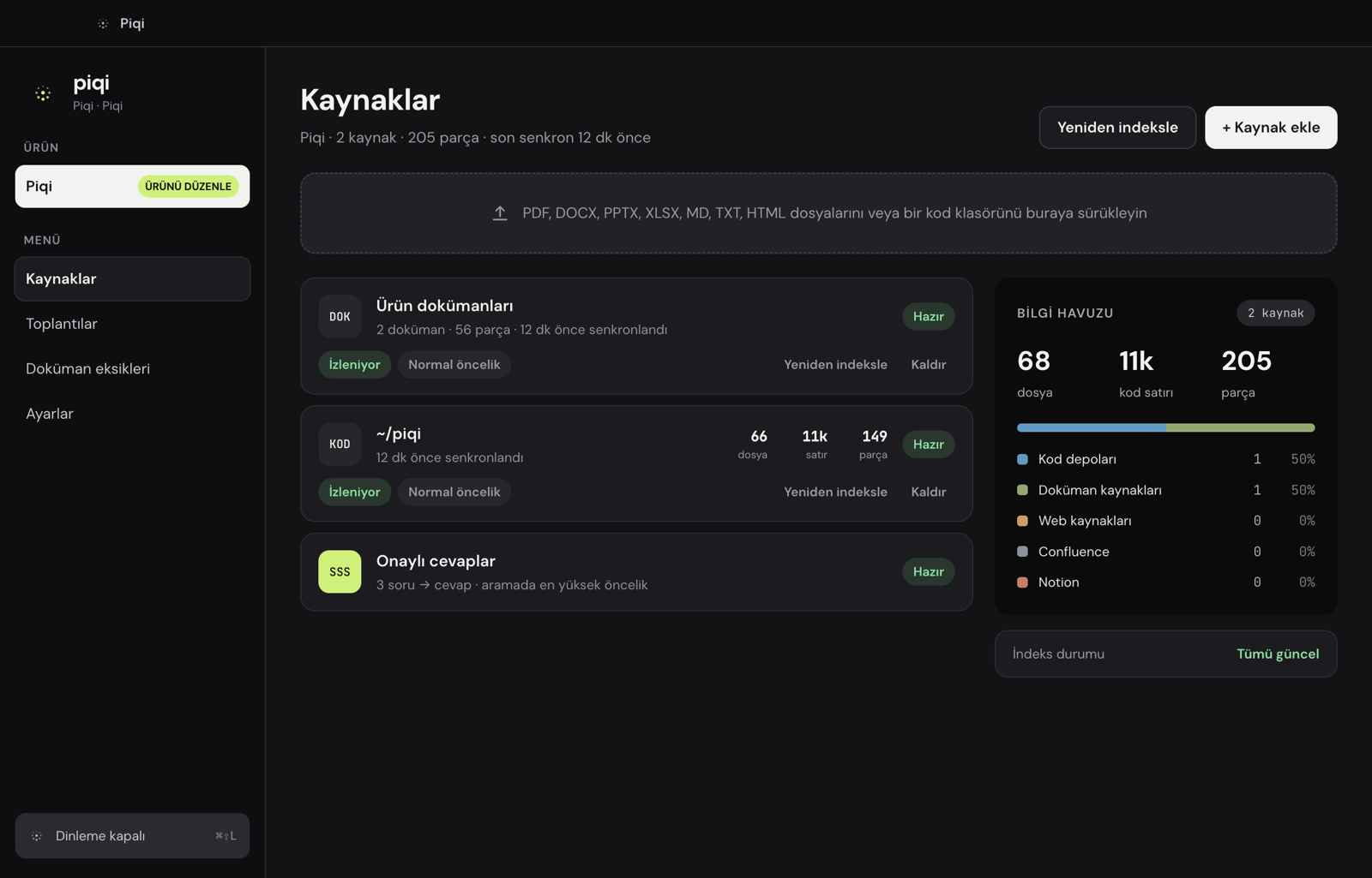 The Sources screen with documents, a code repository, and approved answers